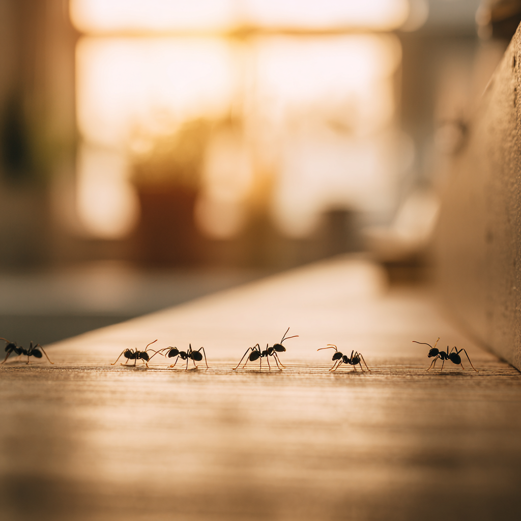 Formigas na cozinha significado espiritual caminhando sobre bancada de cozinha de madeira com luz natural