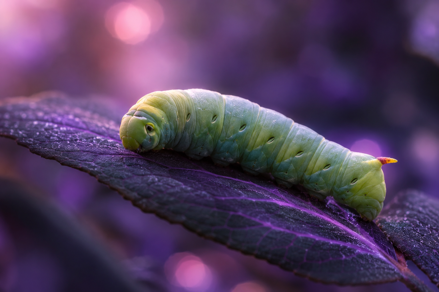 Lagarta verde sobre folha escura com fundo desfocado em tons violeta, atmosfera espiritual