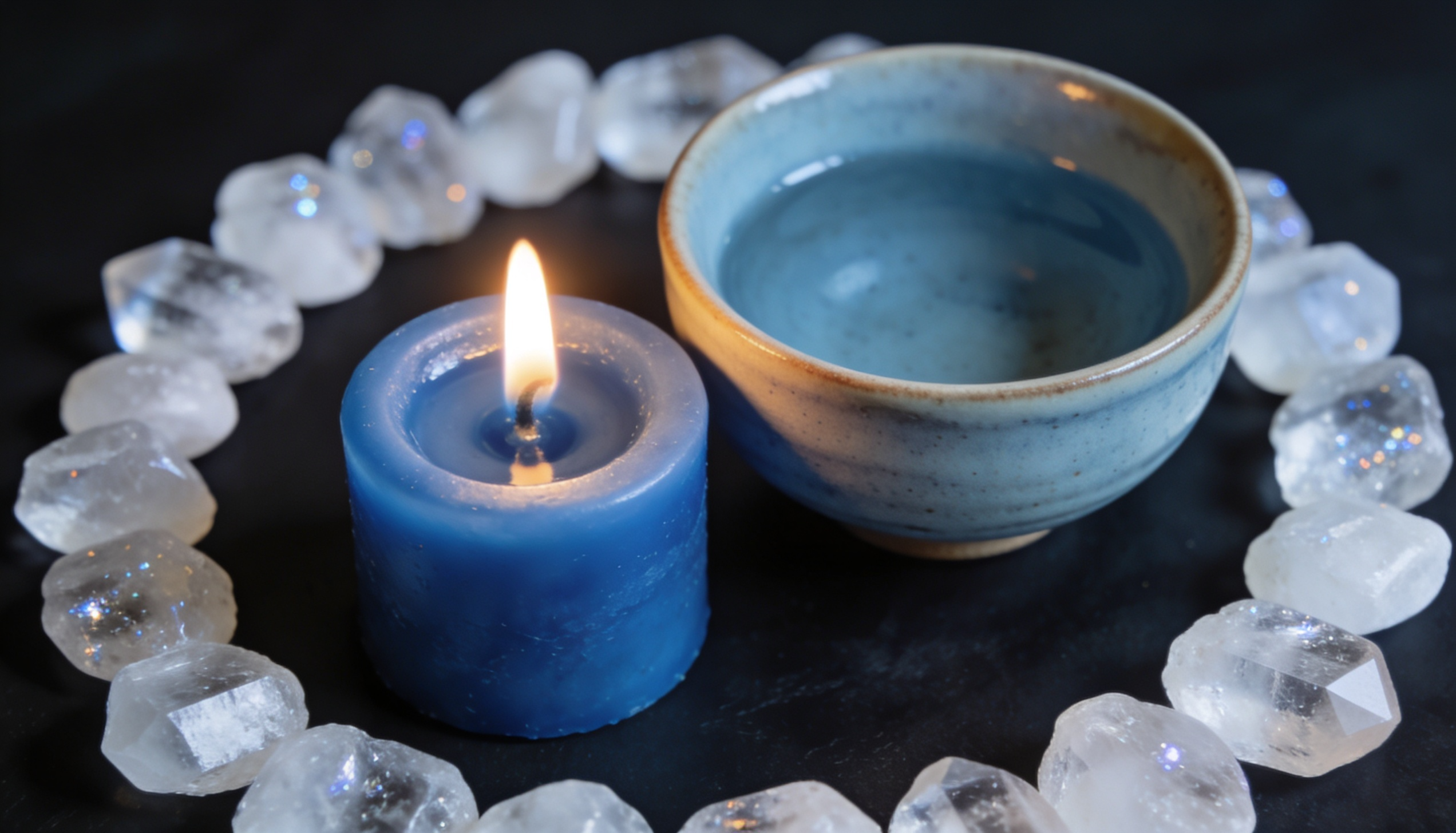 vela azul com tigela de água — ritual de proteção e cura