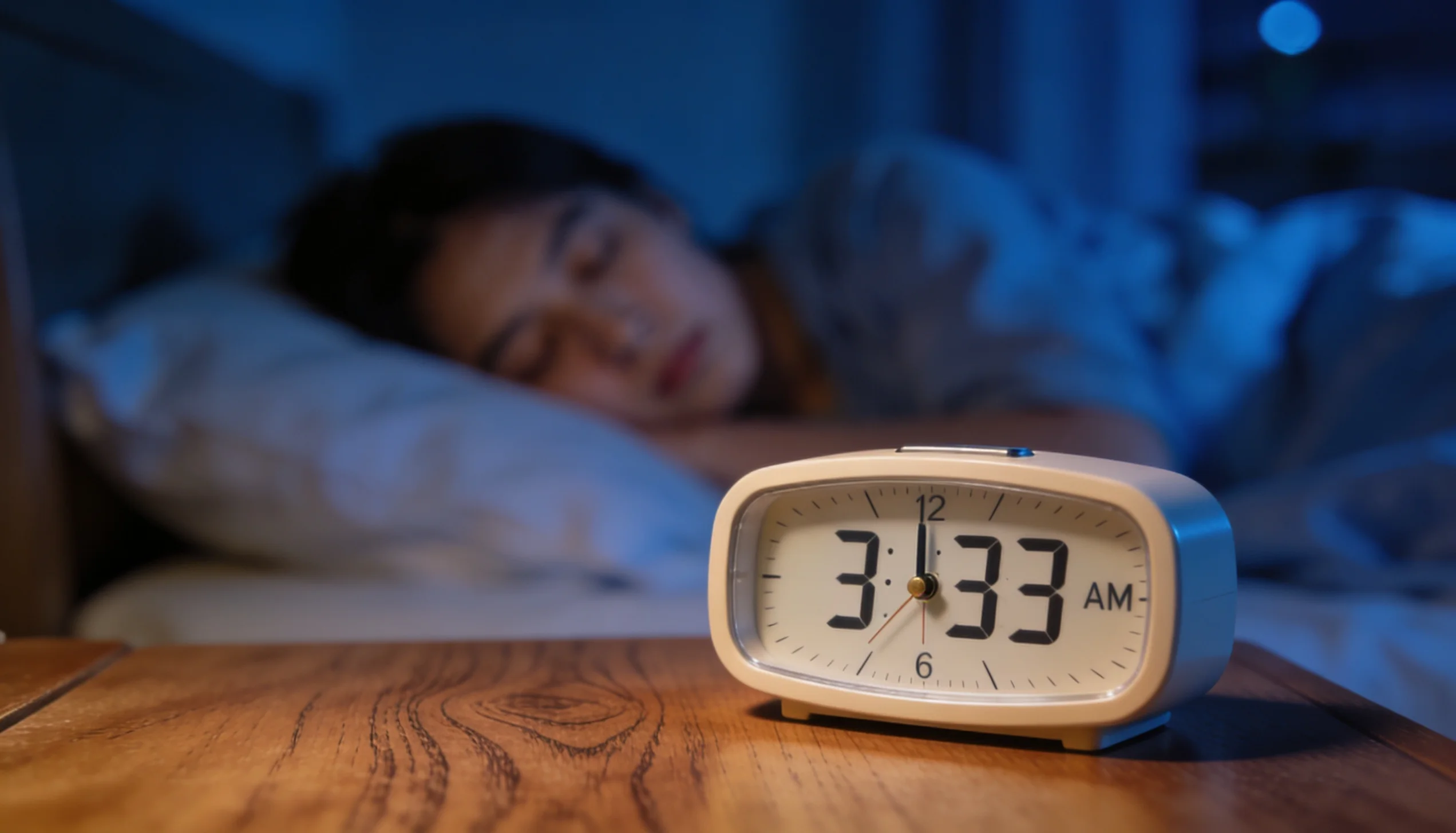 pessoa acordada de madrugada olhando para o relógio com luz suave e atmosfera espiritual