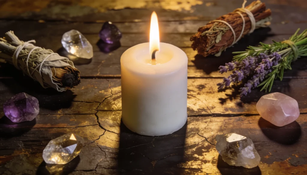 Chama da vela alta e firme em altar espiritual