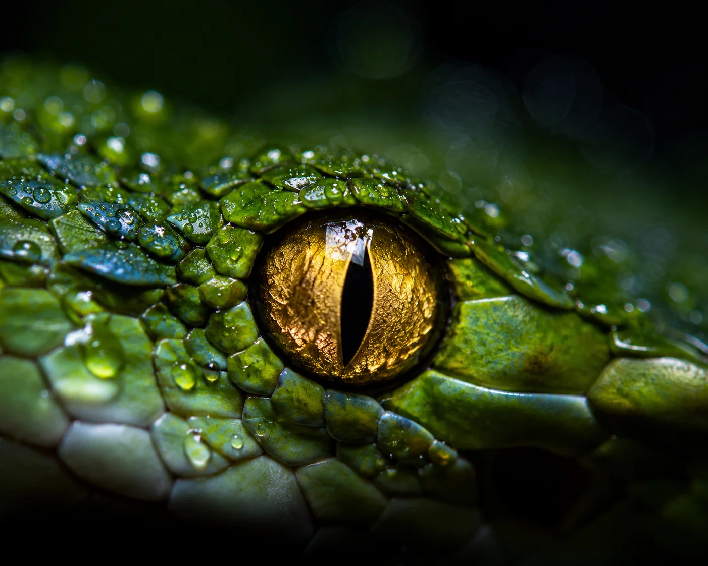 Olho dourado de serpente em close com escamas verdes iridescentes