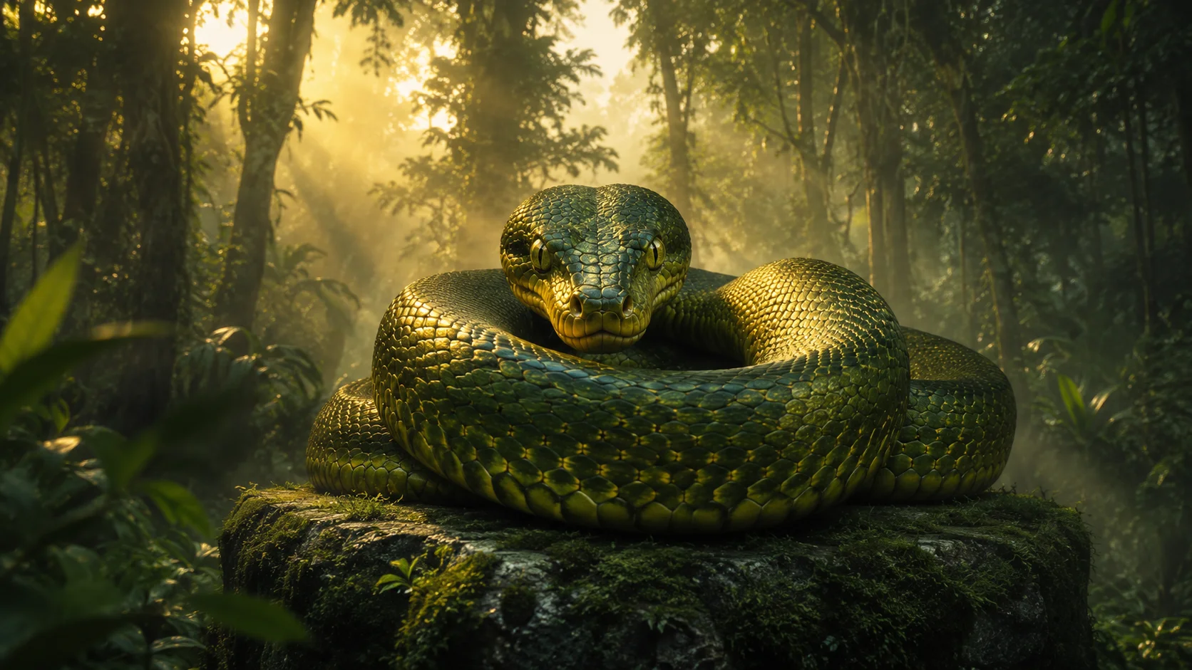 Mulher e serpente calma se olhando em jardim sob luz dourada
