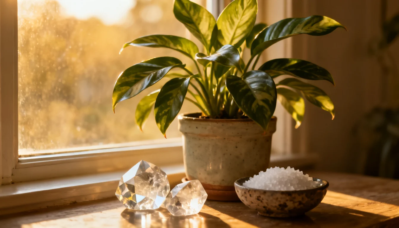 folhas largas e manchadas da comigo-ninguém-pode com luz suave em ambiente doméstico protegido