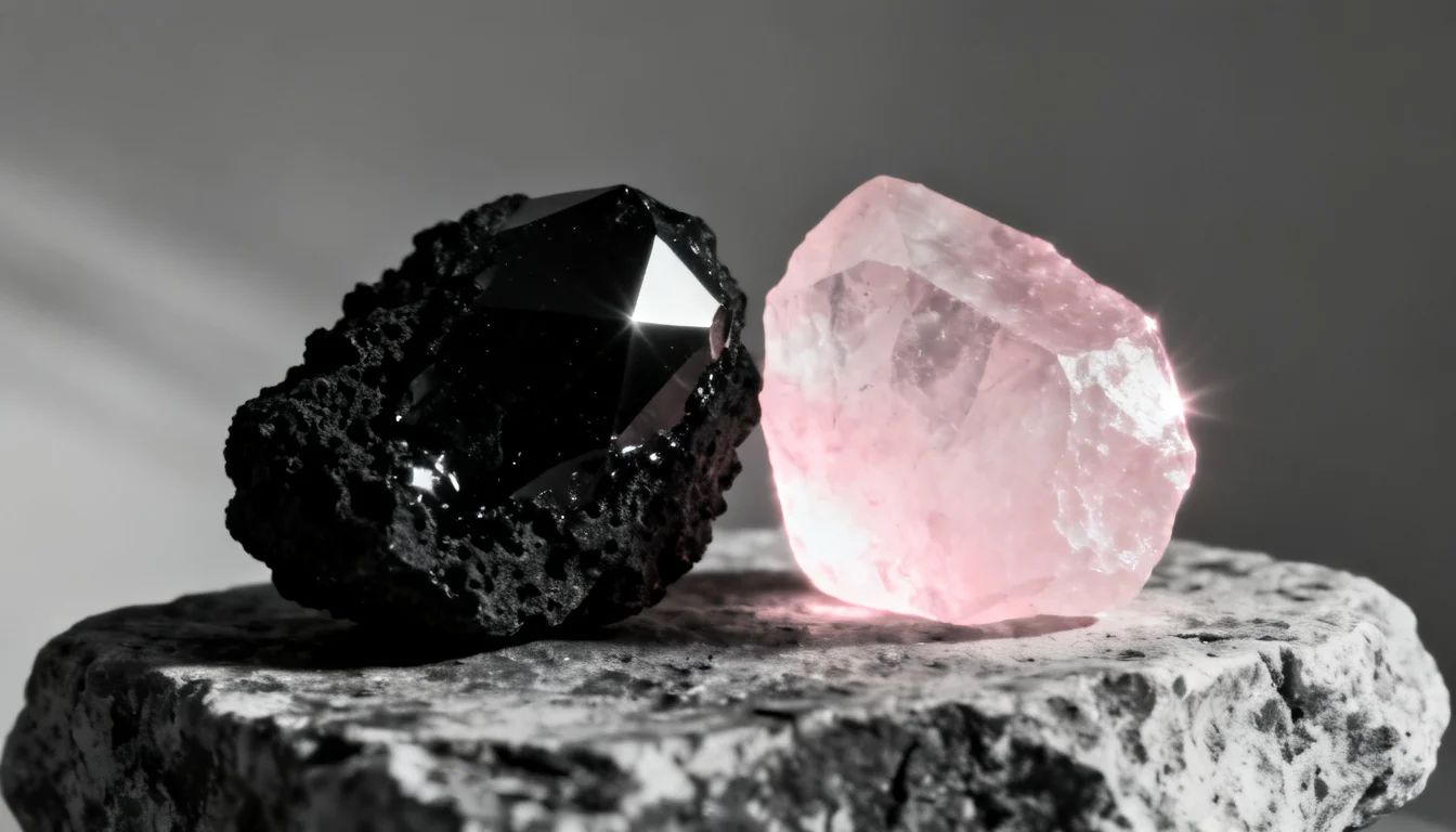 Obsidiana negra e quartzo rosa lado a lado em contraste de luz