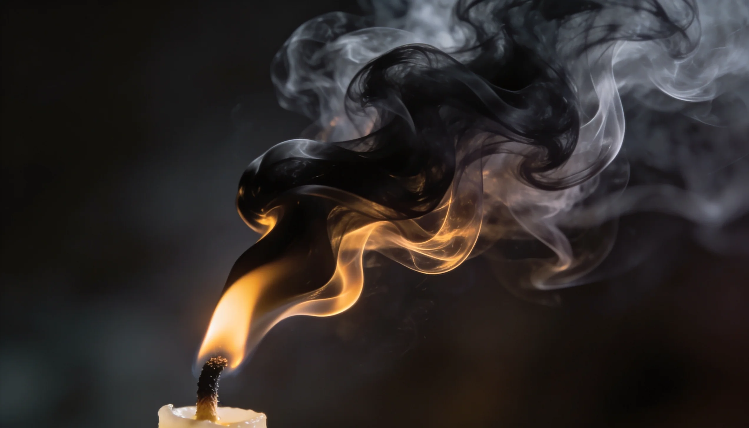fumaça preta saindo de vela acesa durante ritual espiritual em ambiente escuro