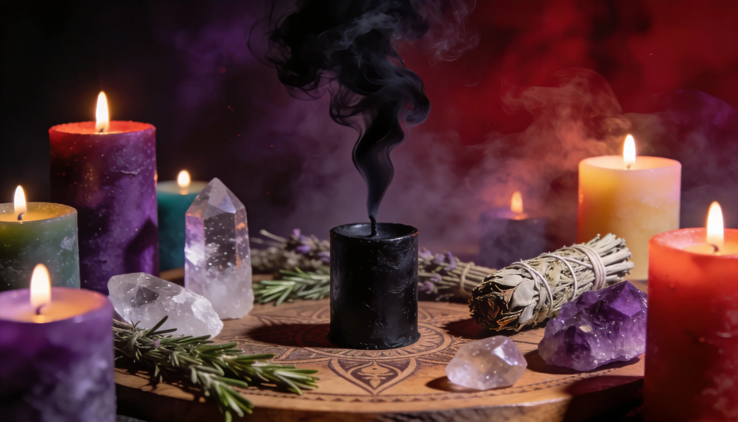 mãos segurando vela com fumaça preta subindo em espiral durante ritual de limpeza