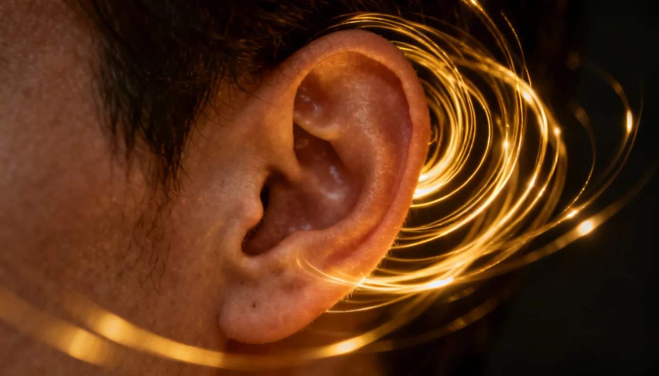 Pessoa em corredor de casa olhando ao redor com ondas sonoras douradas no ar