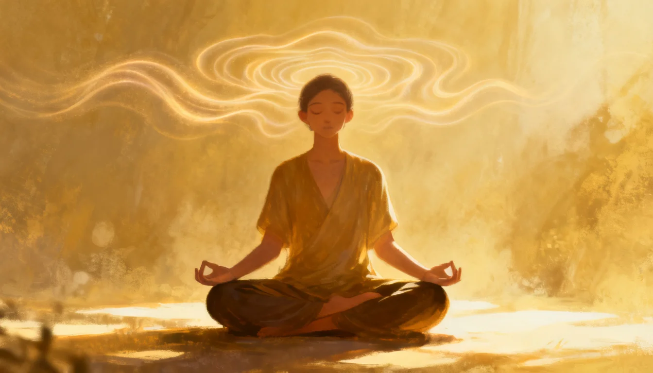 Close de ouvido humano com ondas de luz dourada em espiral ao redor