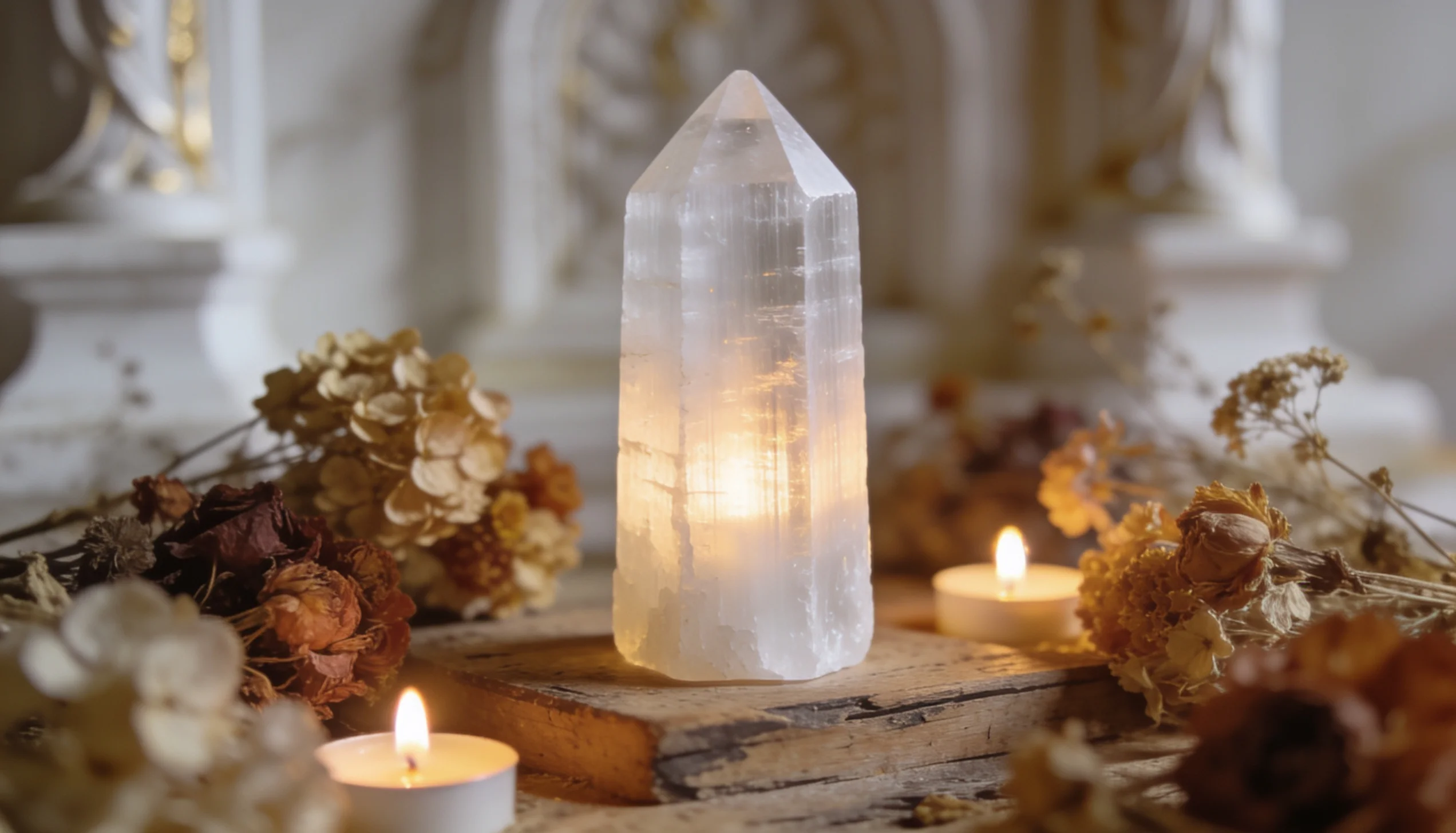 Torre de selenita brilhando com luz interna sobre madeira entre velas