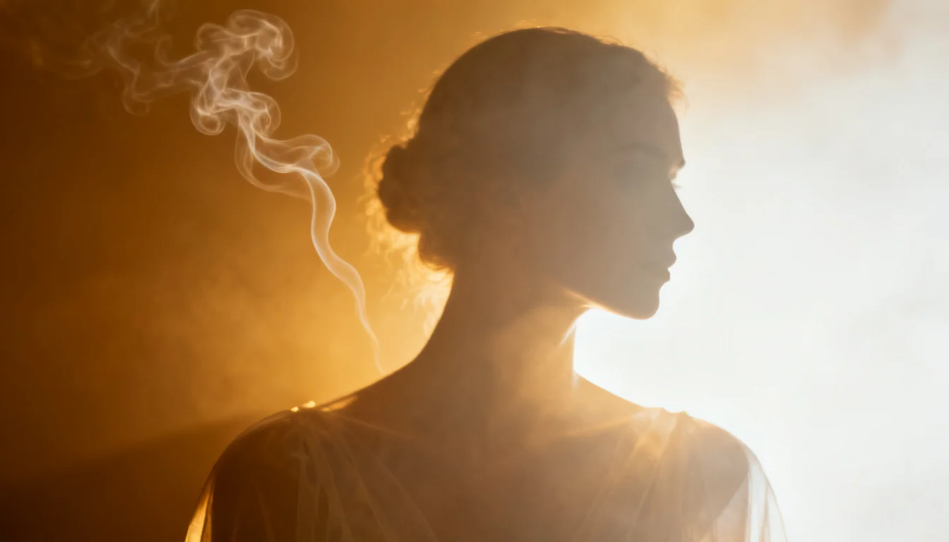 Fumaça formando silhueta humana translúcida em luz dourada