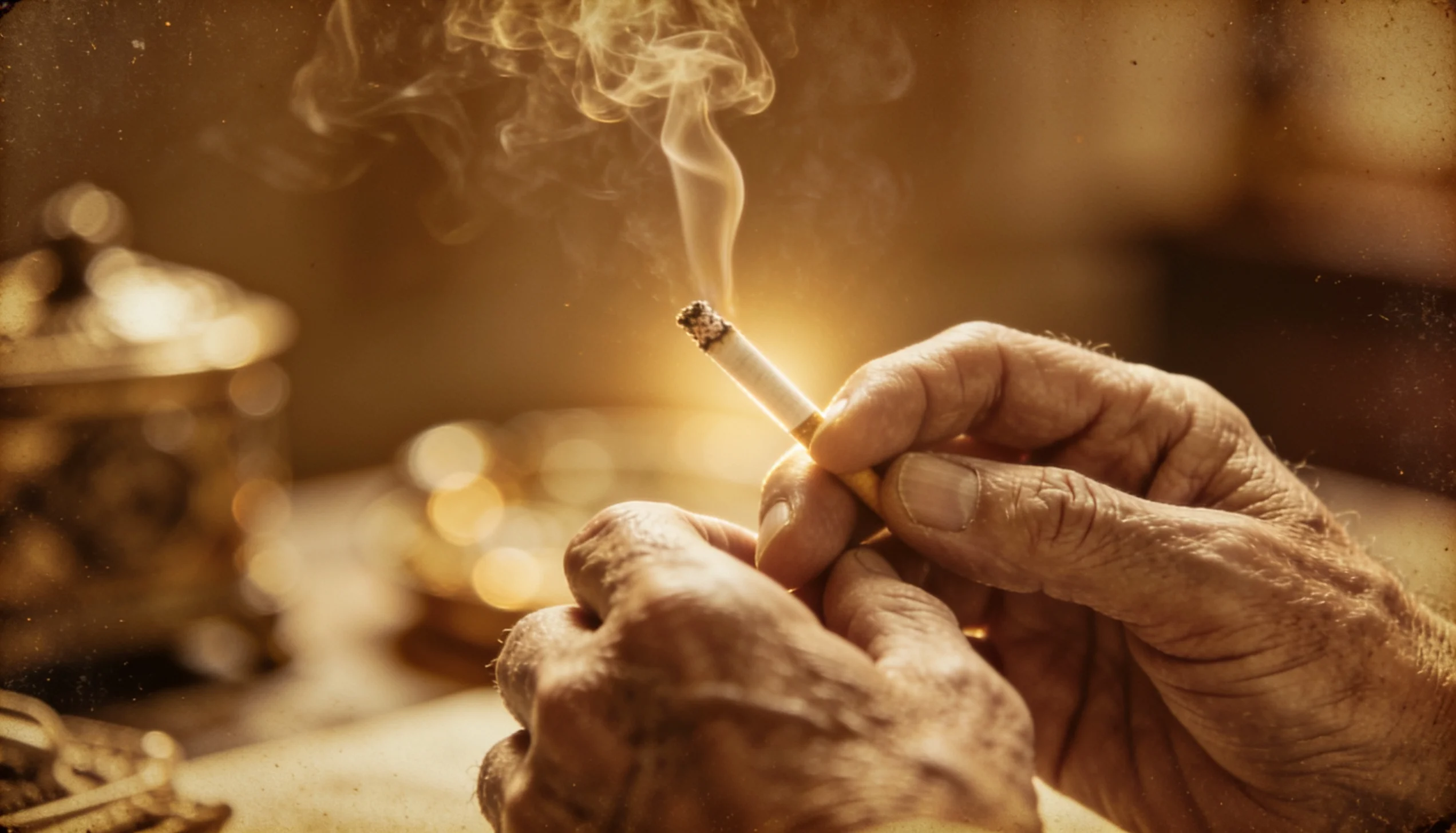 Mãos de homem idoso segurando cigarro aceso em luz âmbar nostálgica