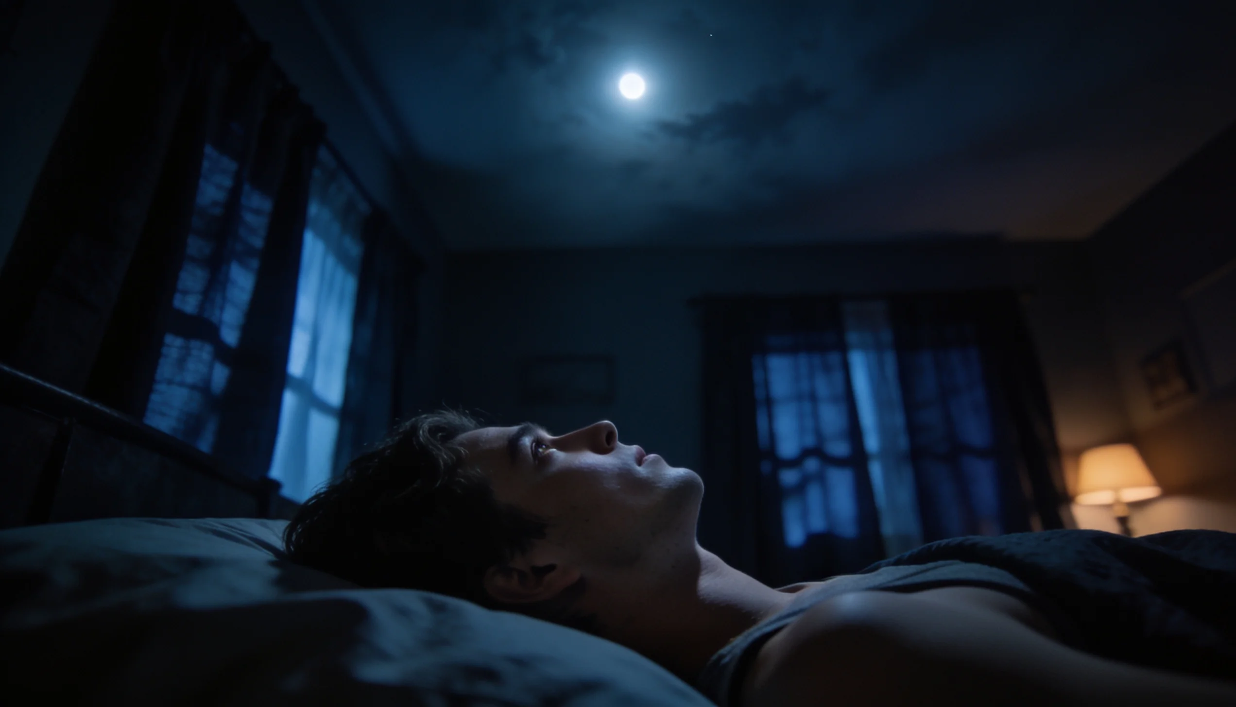 Quarto escuro à noite com luz suave da lua e cortinas em movimento