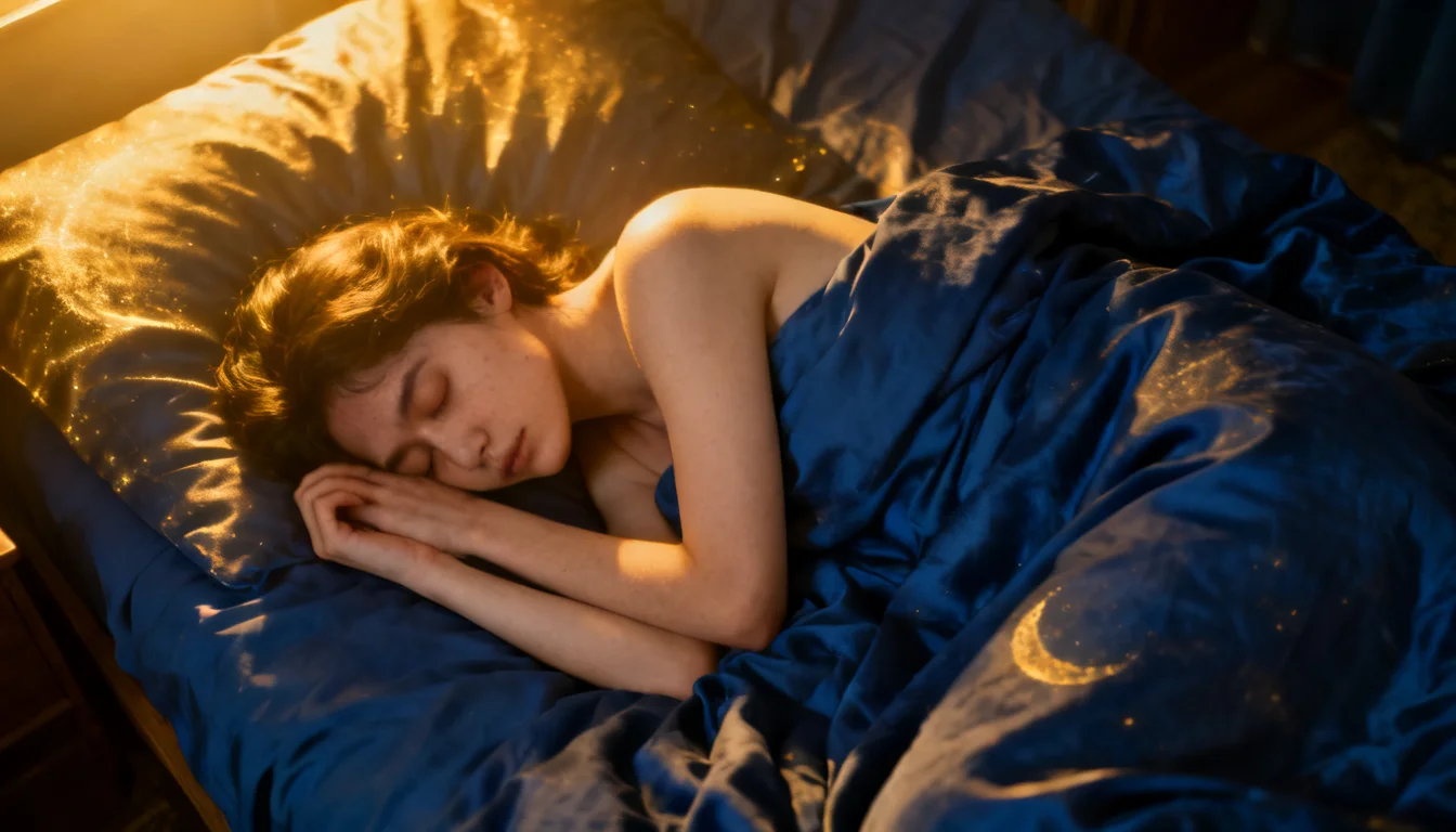 Pessoa dormindo com luz dourada suave de proteção ao lado da cama