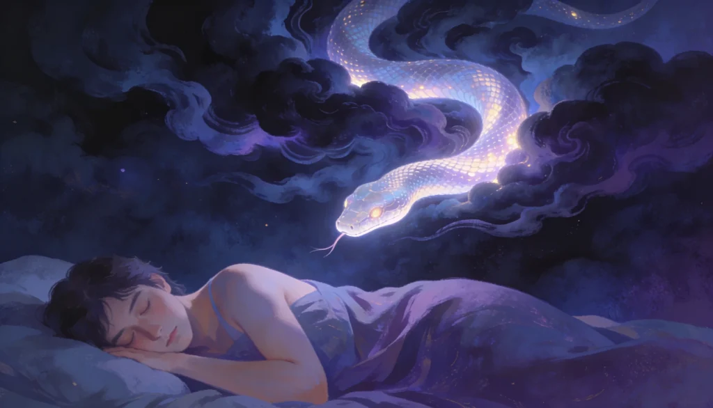 pessoa acordada de madrugada refletindo sobre sonho perturbador com cobra atacando