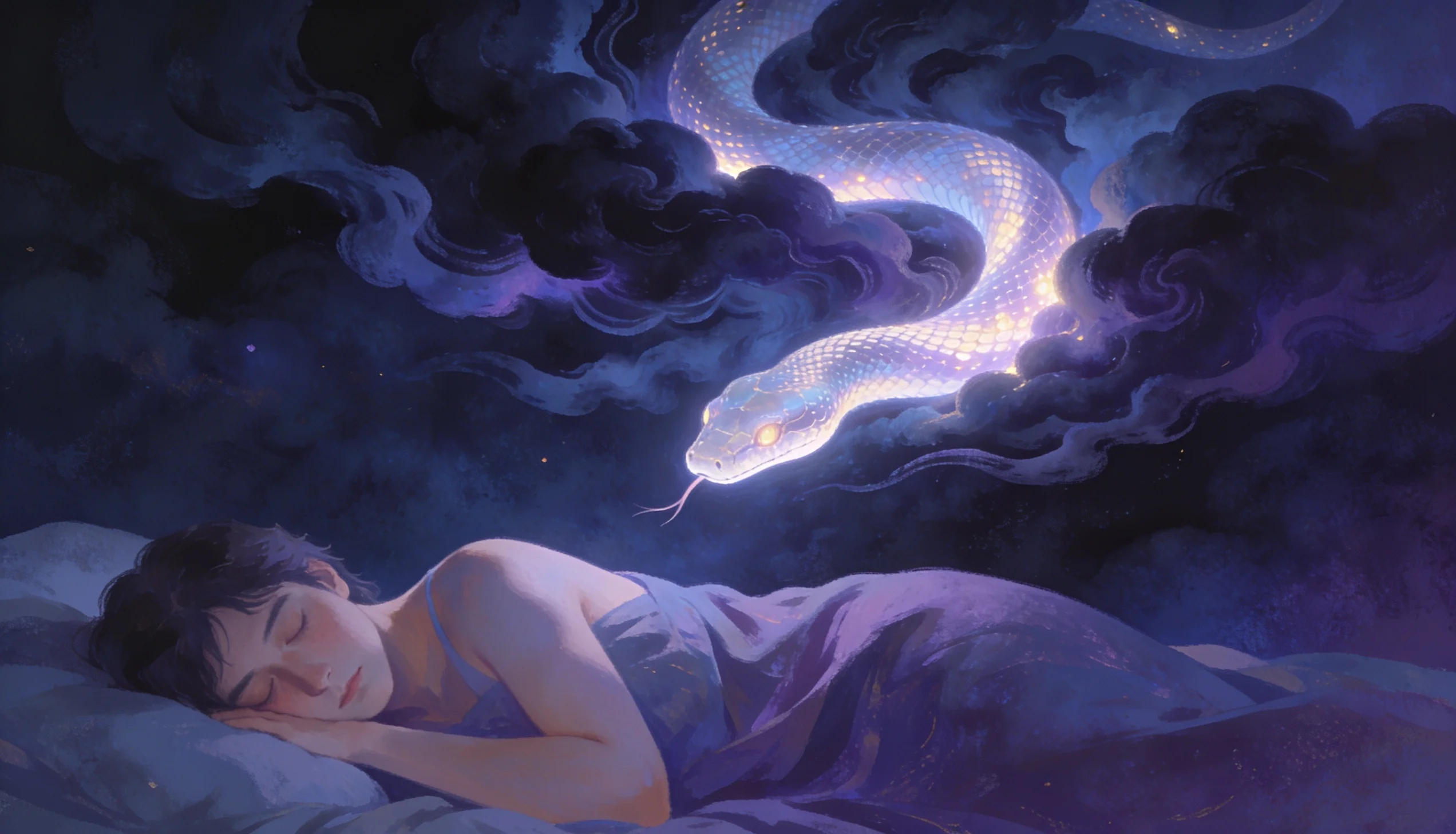 pessoa acordada de madrugada refletindo sobre sonho perturbador com cobra atacando