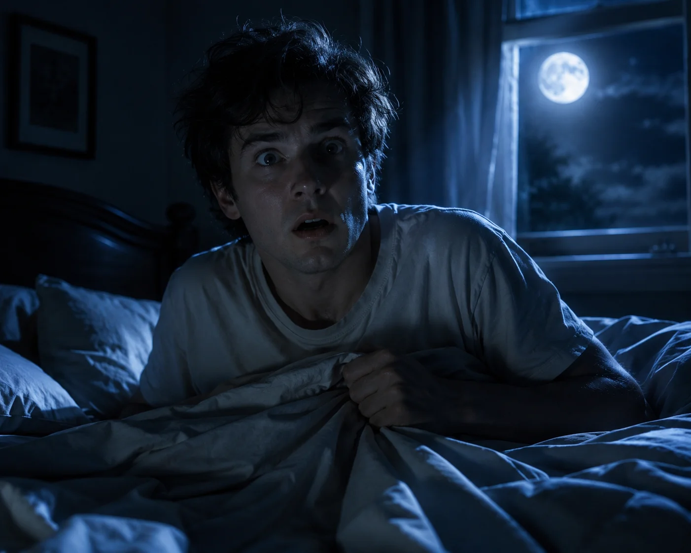 Pessoa acordando assustada na cama à noite sob luz da lua