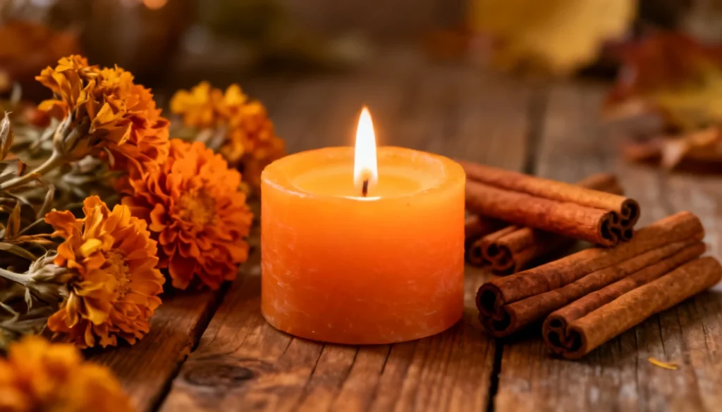 vela laranja acesa em altar espiritual com chama forte