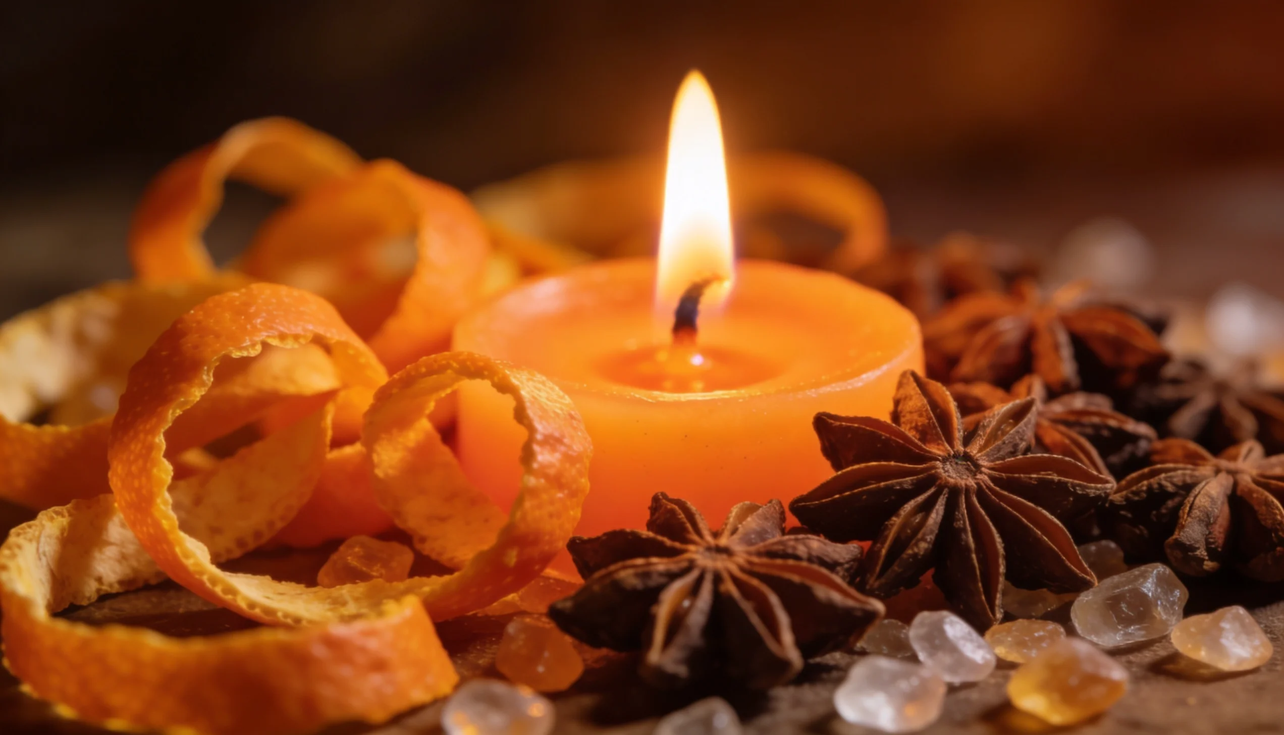 vela laranja acesa em altar espiritual com chama forte e ambiente quente e acolhedor