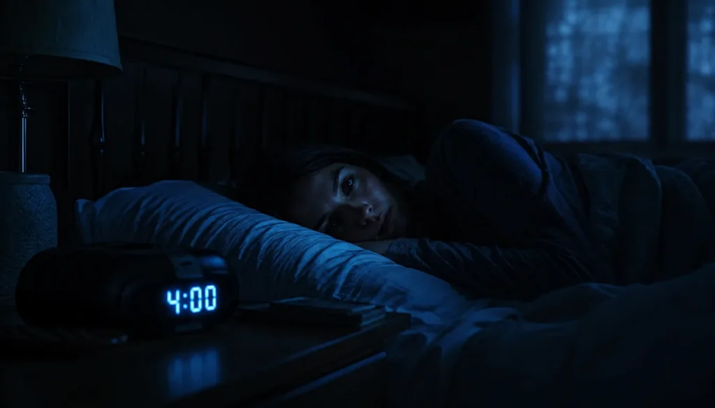 Mulher acordada na cama de madrugada com despertador digital marcando 4:00 na mesa de cabeceira