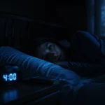 Mulher acordada na cama de madrugada com despertador digital marcando 4:00 na mesa de cabeceira