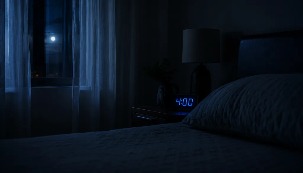 Quarto escuro com luz da lua na cortina e despertador digital marcando 4:00