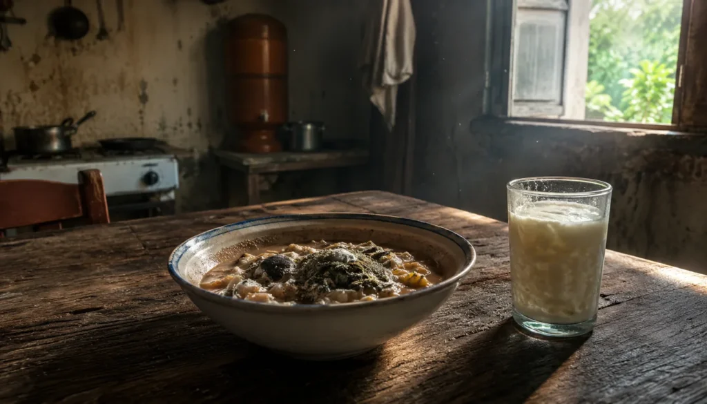 Tigela de comida estragada e copo de leite talhado sobre mesa de madeira em cozinha antiga, ilustrando comida azedando rápido