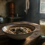 Tigela de comida estragada e copo de leite talhado sobre mesa de madeira em cozinha antiga, ilustrando comida azedando rápido