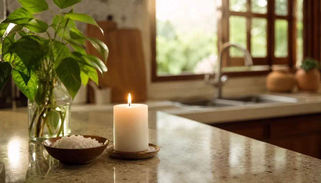 Vela branca acesa e tigela de sal grosso na bancada da cozinha ao lado de planta verde, cena de limpeza energética