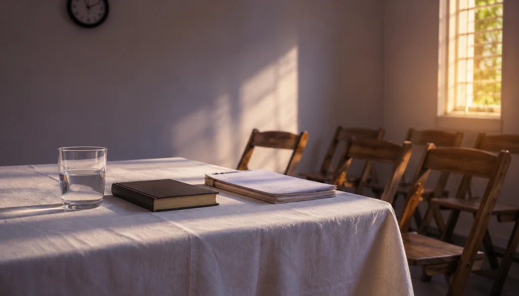 Mesa de centro espírita com toalha branca e copo de água, diferença entre umbanda e espiritismo