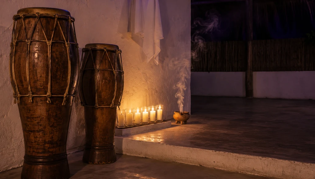 Terreiro de umbanda à noite com atabaque, velas acesas e defumação, ambiente acolhedor