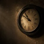 Relógio de parede antigo parado em parede descascada, com luz de janela e poeira no ar