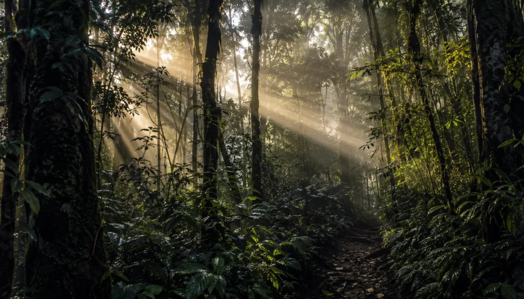 Mata fechada com luz atravessando as árvores, cenário típico de quem sonha com Caboclo