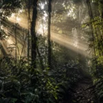 Mata fechada com luz atravessando as árvores, cenário típico de quem sonha com Caboclo