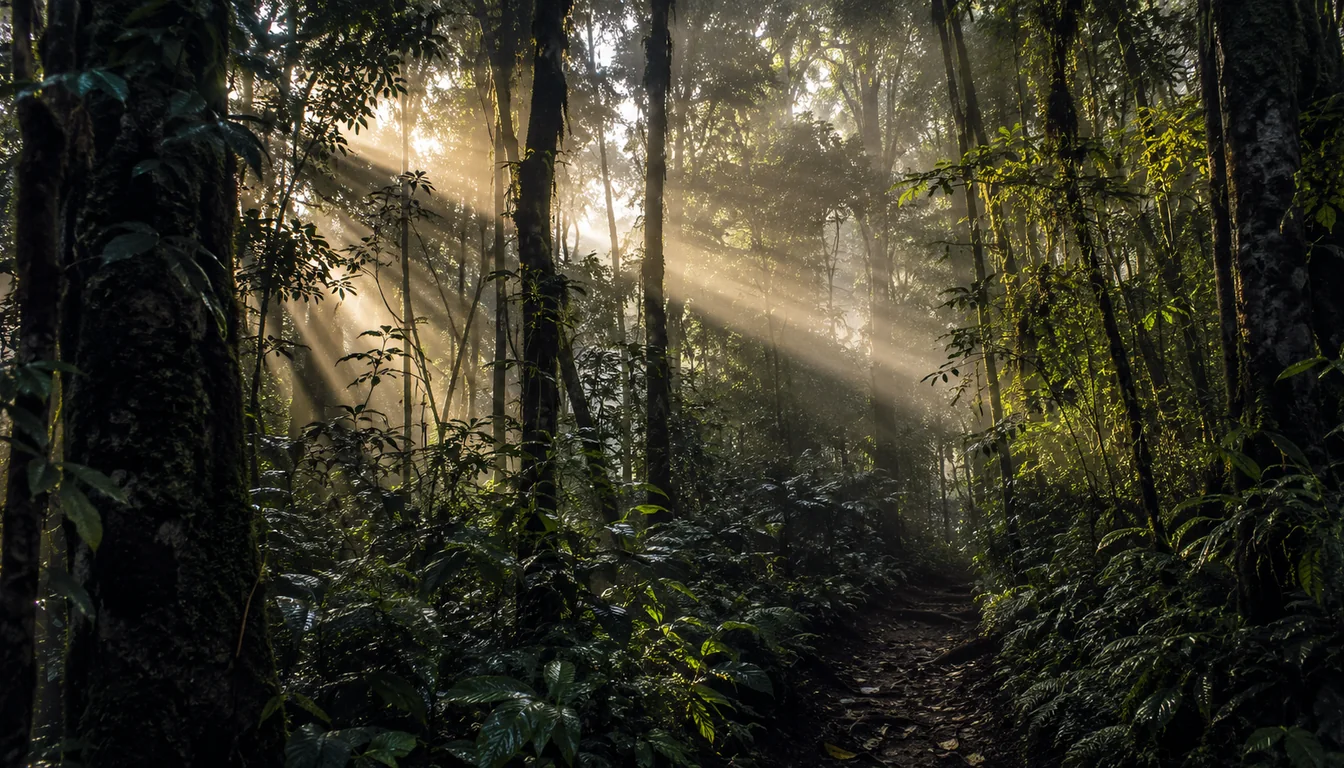 Mata fechada com luz atravessando as árvores, cenário típico de quem sonha com Caboclo