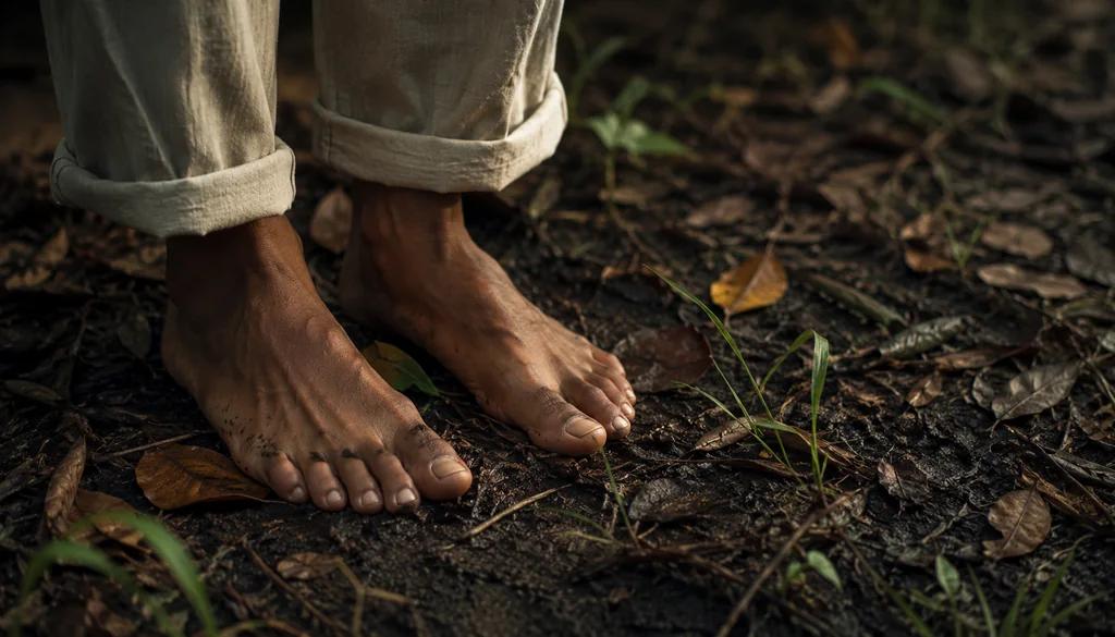 Pés descalços sobre a terra e folhas secas, prática indicada depois de sonhar com Caboclo