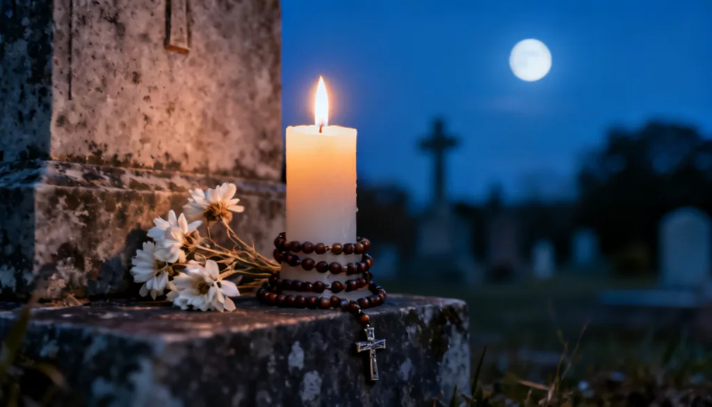 Estátua de anjo em cemitério antigo sob luz de lua roxa