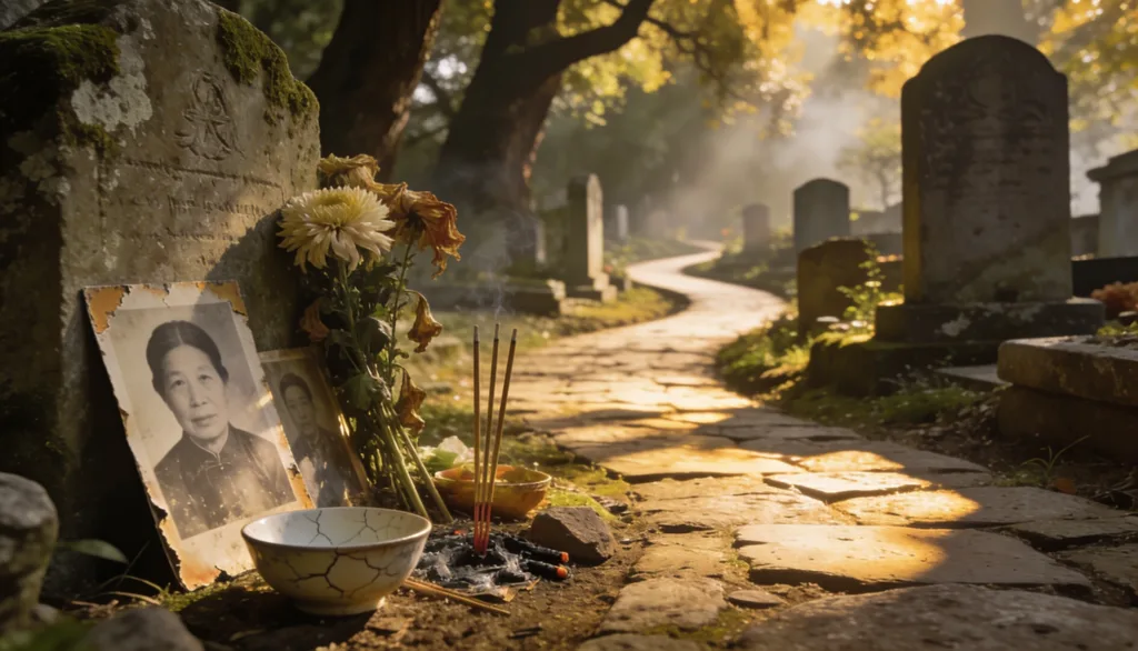 Vela acesa ao lado de lápide com flores silvestres ao entardecer