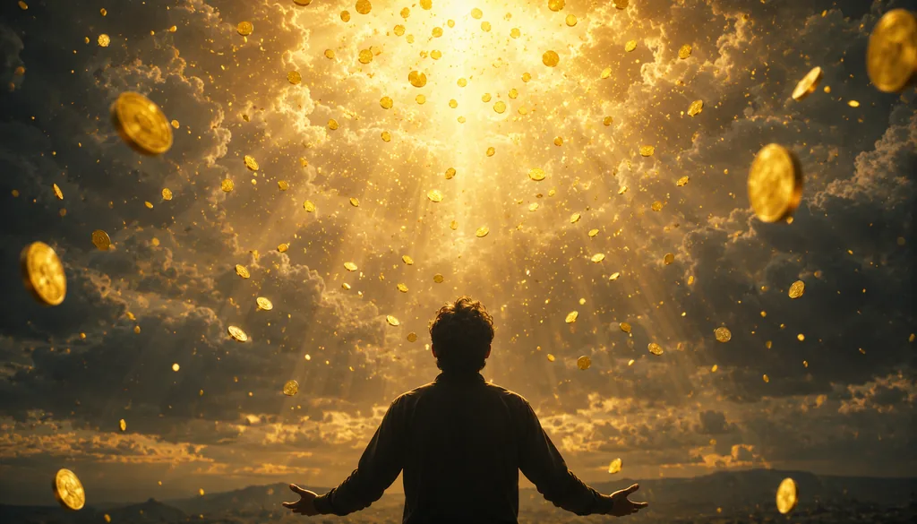 Silhueta de homem de costas diante de céu dourado com moedas e luz caindo entre as nuvens