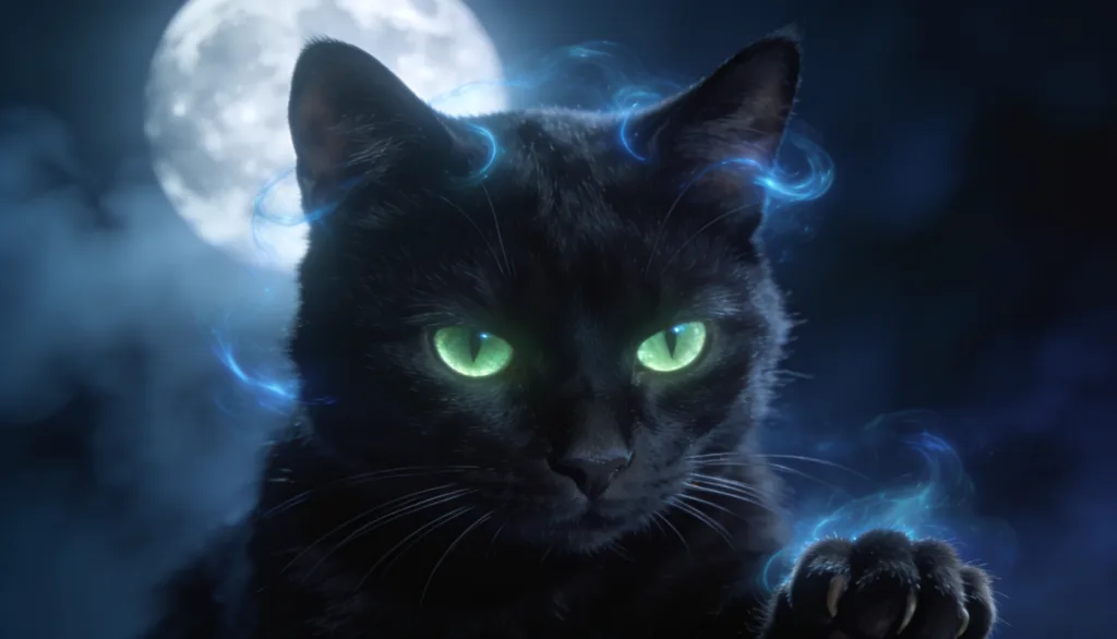 Gato preto e gato branco frente a frente em ambiente onírico, representando os dois significados opostos de sonhar com gato