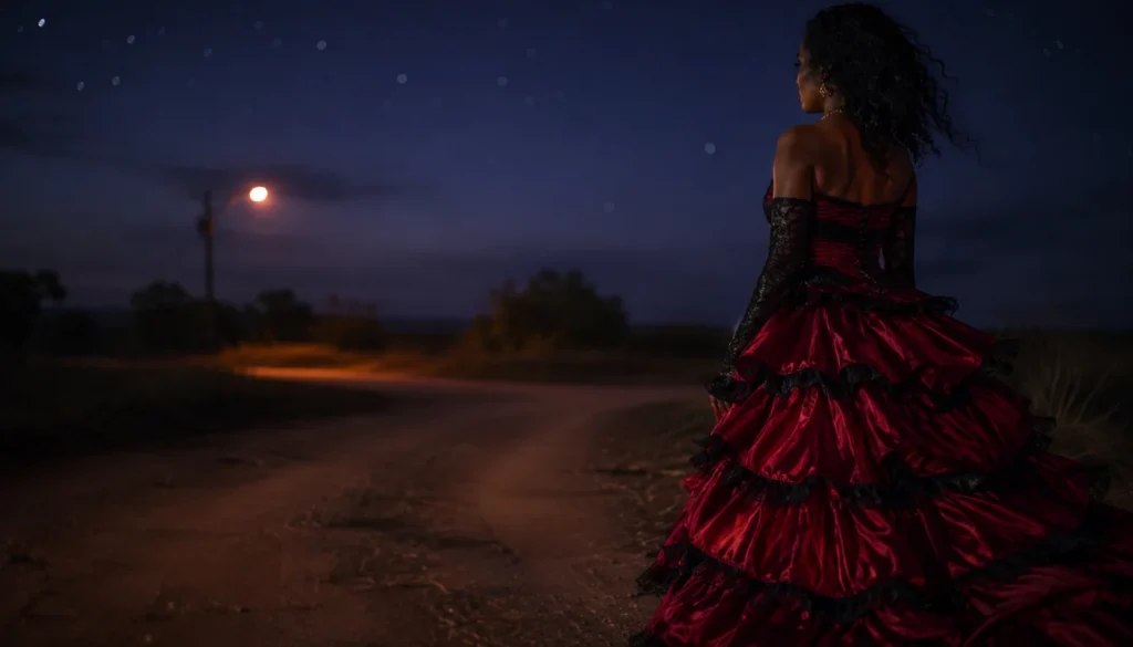 Mulher de vestido vermelho numa encruzilhada à noite, representando sonhar com Pomba Gira