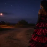 Mulher de vestido vermelho numa encruzilhada à noite, representando sonhar com Pomba Gira