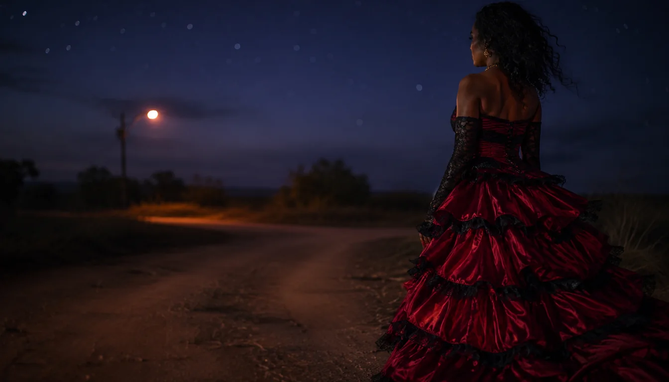 Mulher de vestido vermelho numa encruzilhada à noite, representando sonhar com Pomba Gira
