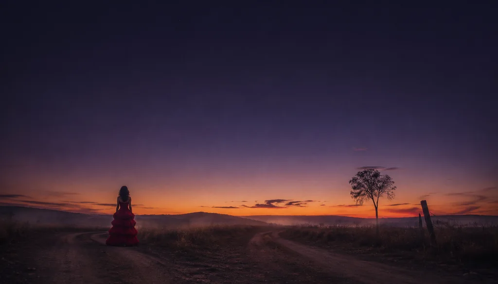 Mulher de vestido vermelho em silhueta numa encruzilhada ao anoitecer, representando sonhar com Pomba Gira