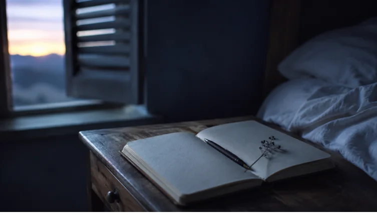 Caderno e caneta na mesa de cabeceira ao amanhecer, para anotar o que o Preto Velho disse no sonho