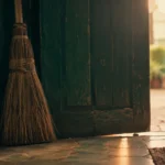Vassoura de palha encostada atrás da porta de entrada de uma casa brasileira