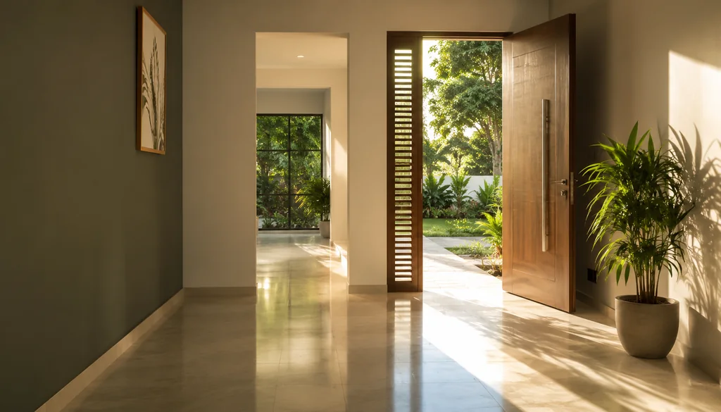 Entrada de casa com corredor livre e desimpedido, alternativa à vassoura atrás da porta