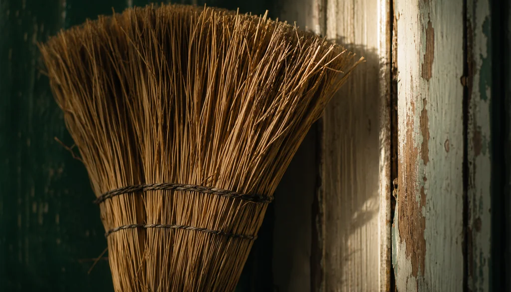 Detalhe das cerdas de uma vassoura de palha apoiada no batente da porta