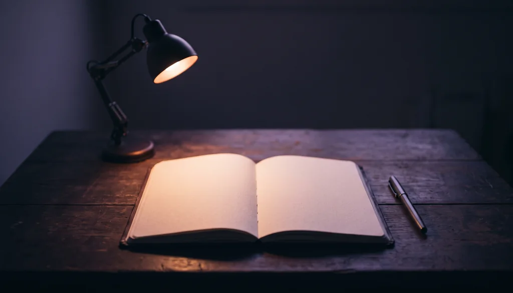 caderno aberto em página em branco sob a luz de um abajur, o zero do relógio