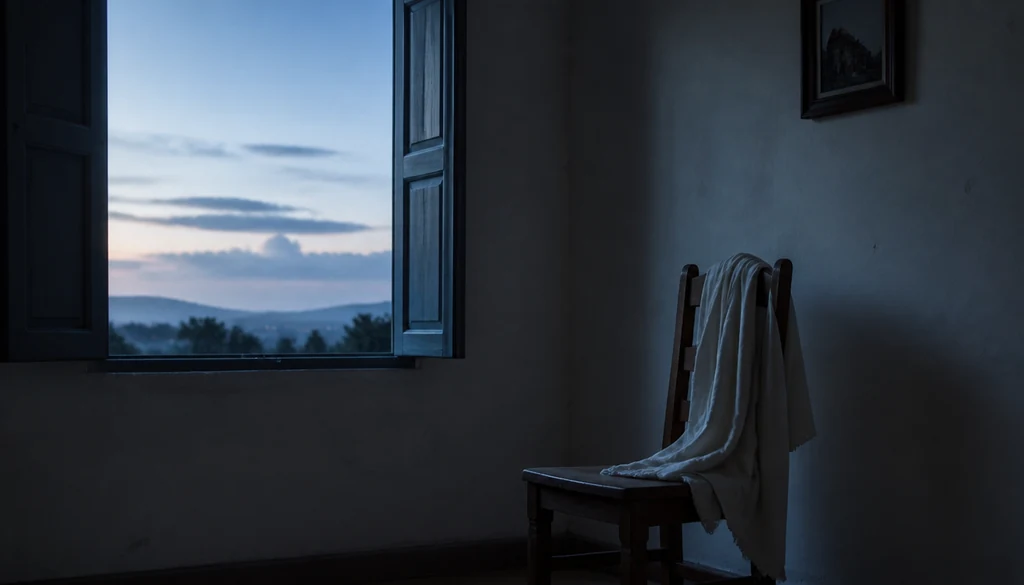 Janela ao amanhecer com cadeira de madeira e pano branco, ambiente de espera